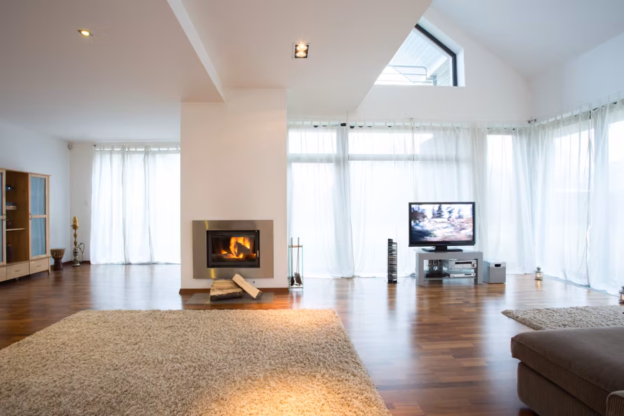 lighted fireplace in new modern lounge