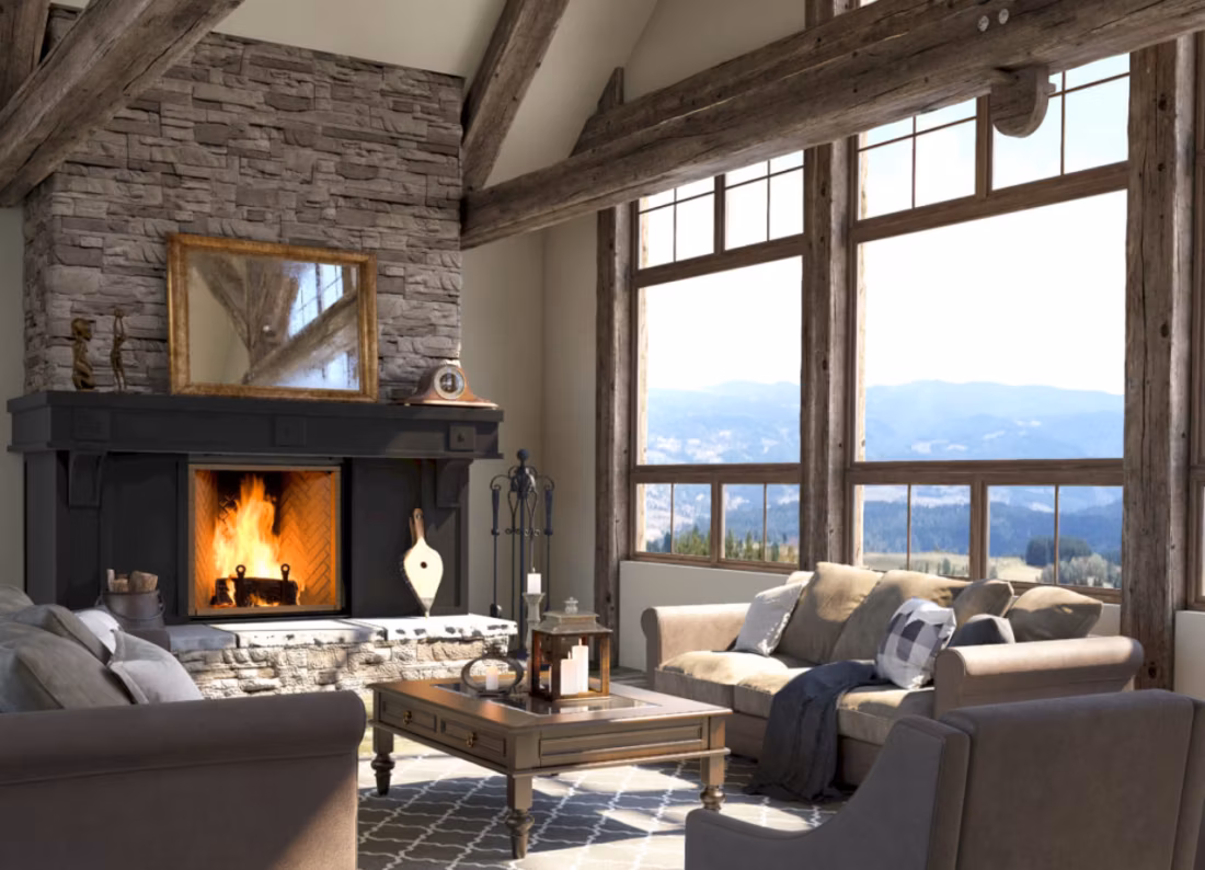 Chalet wood fireplace with sweeping mountain views