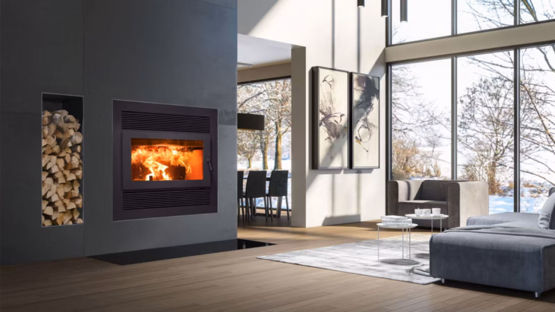 Modern wood fireplace with built-in log storage