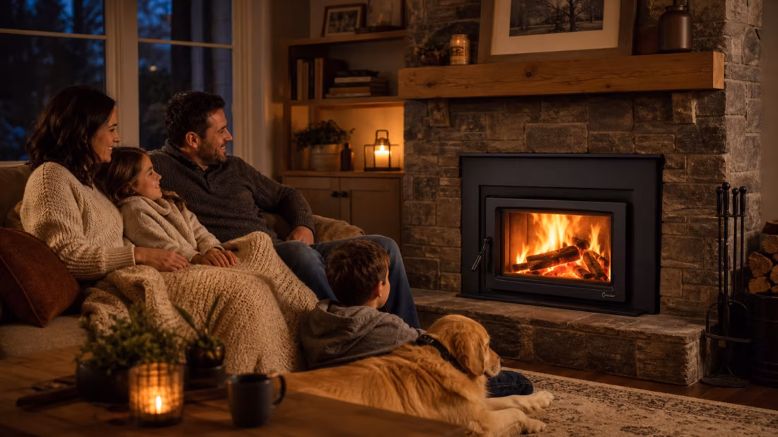 Family and golden retriever near wood insert