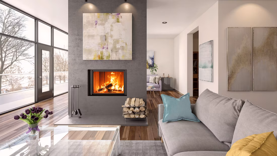Sleek wood fireplace in contemporary condo living room