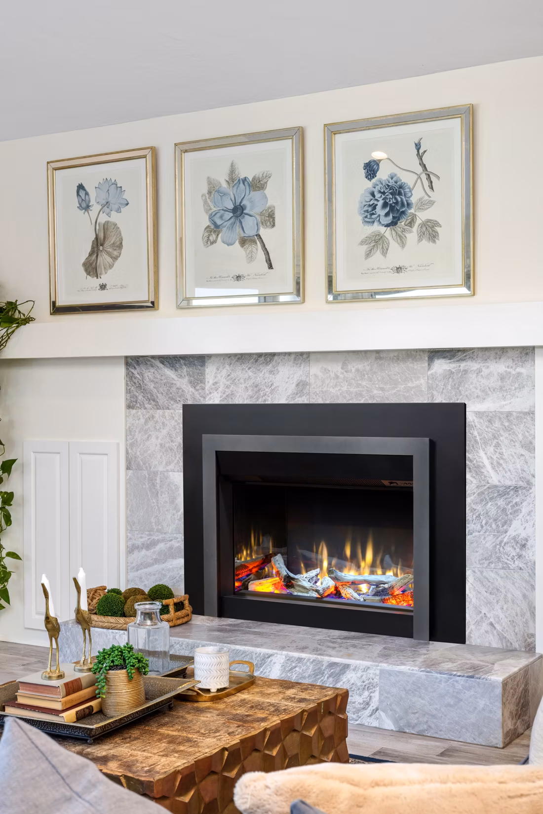 electric fireplace insert in marble surround with botanical art