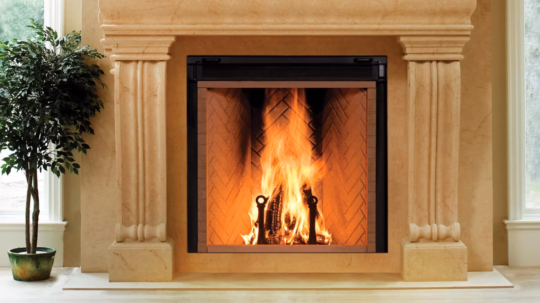 Tall-flame Rumford wood fireplace with marble columns