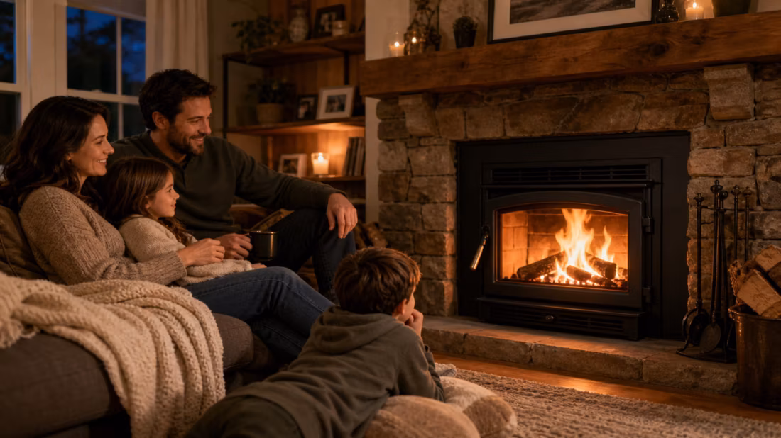 Family of four relaxing by stone wood fireplace