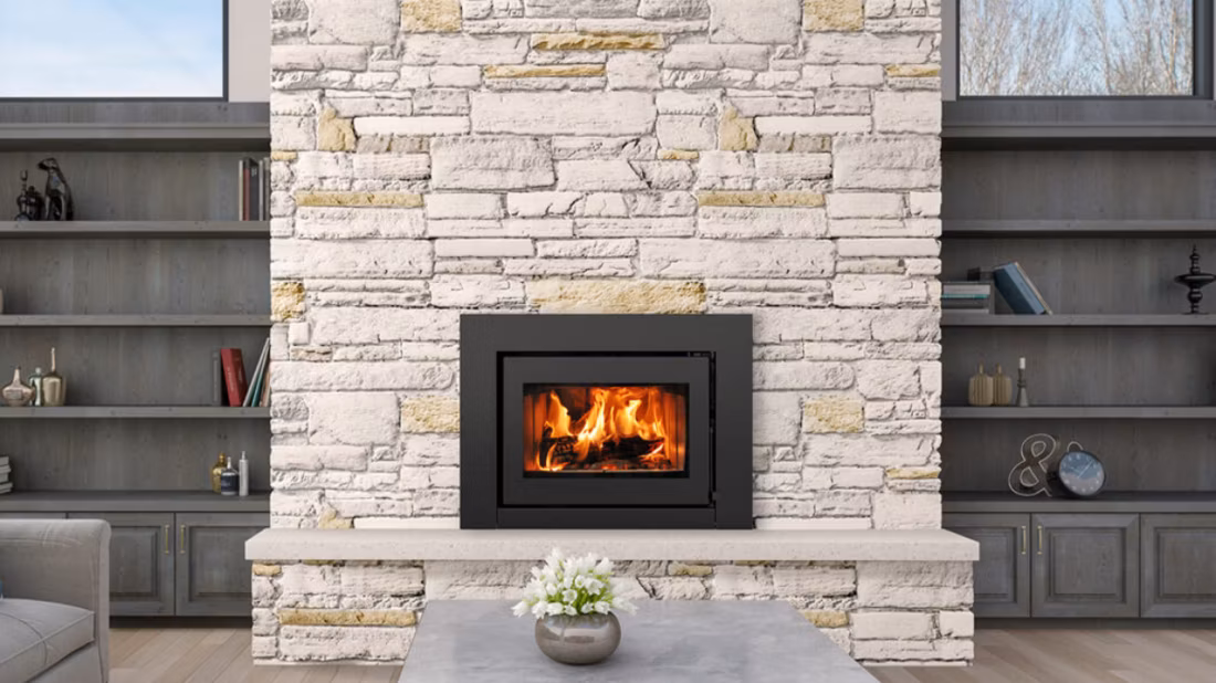 Black wood insert in whitewashed brick with shelving
