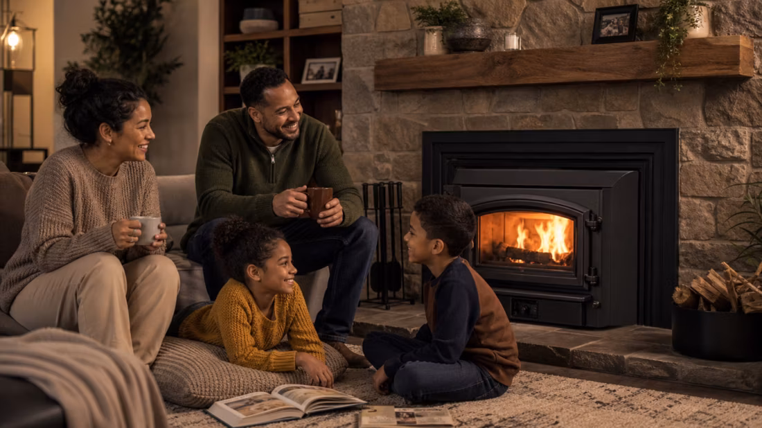 family relaxing beside a wood-burning insert with stone surround