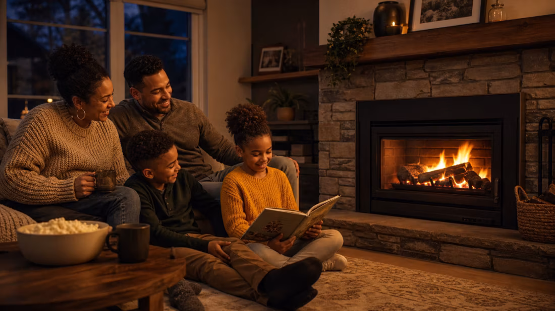 Family reading together by wood fireplace insert