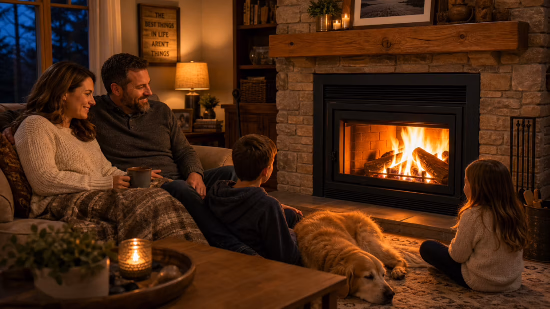 Cozy family evening around glowing wood fireplace