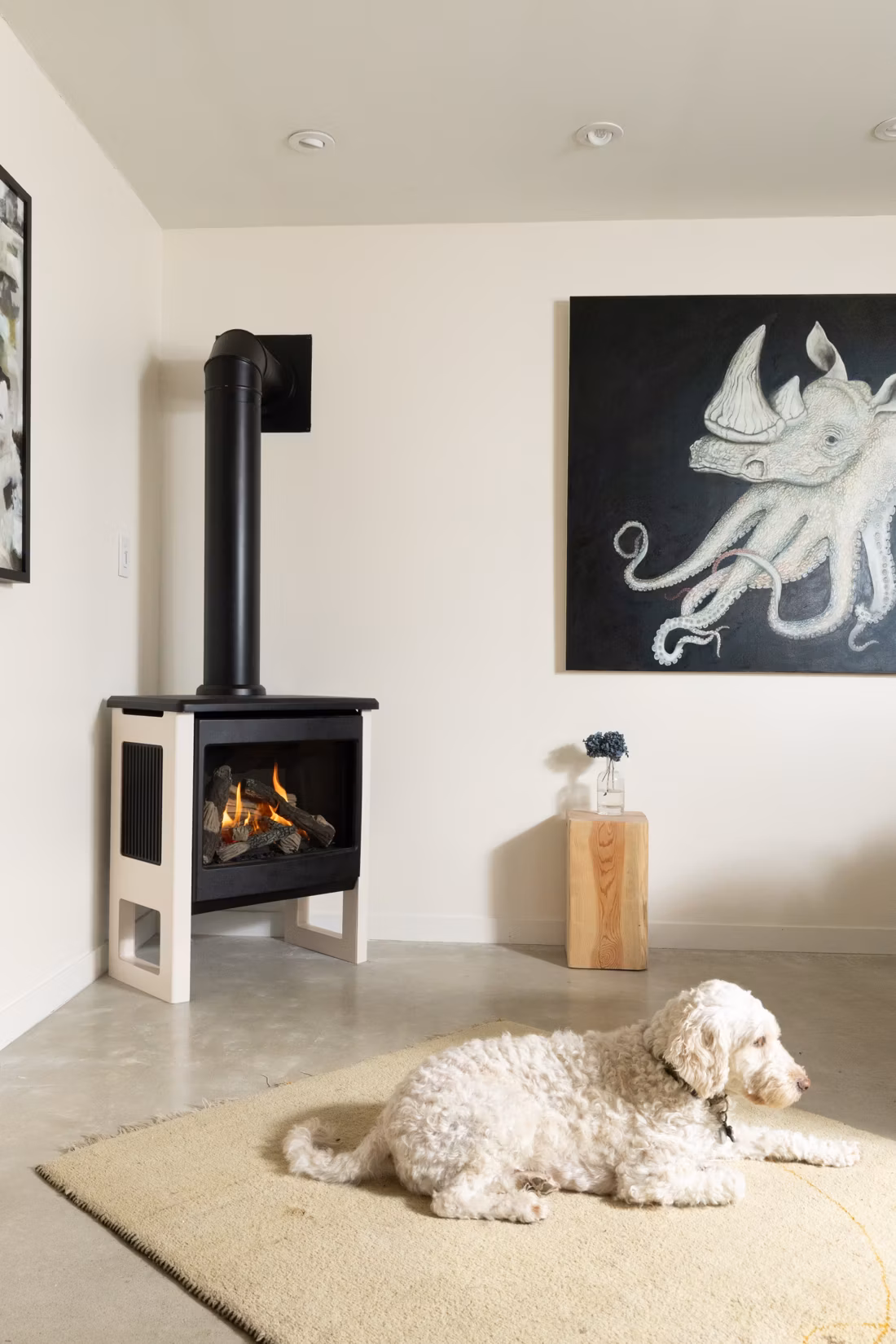 resting doodle dog with freestanding gas stove behind
