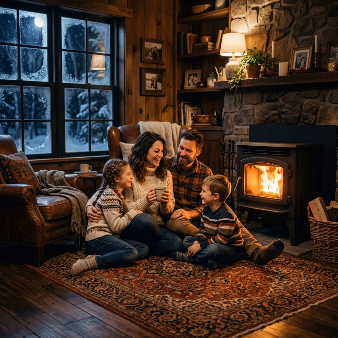 family of four gathered by pellet stove in cabin