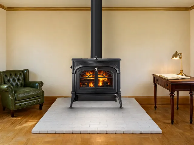 Forge & Flame Encore cast-iron wood stove with Vermont Castings craftsmanship