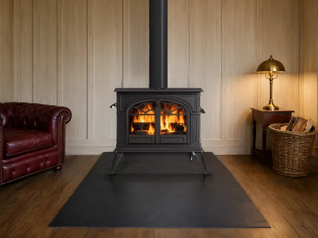 Forge & Flame Defiant cast-iron wood stove crafted with Vermont Castings finish